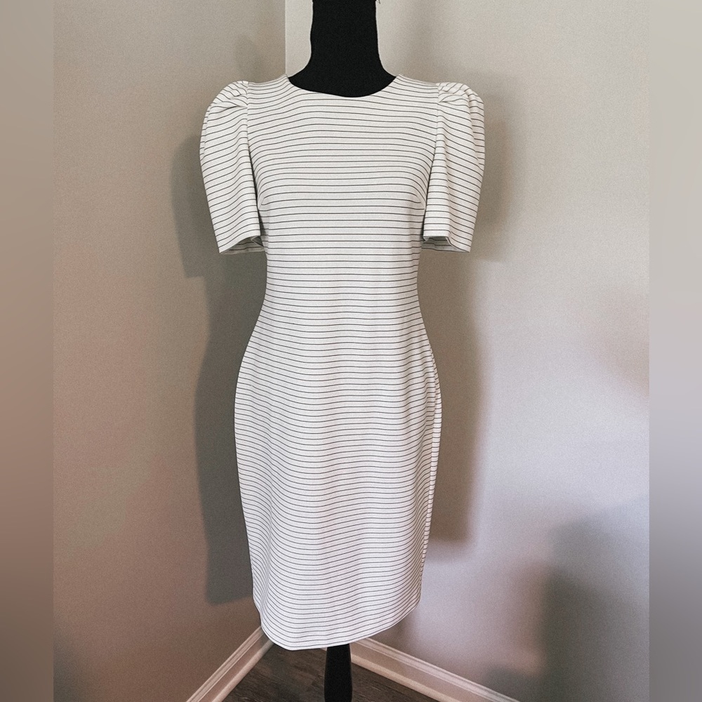 CALVIN KLEIN White striped Pleat puff
Sleeve Dress